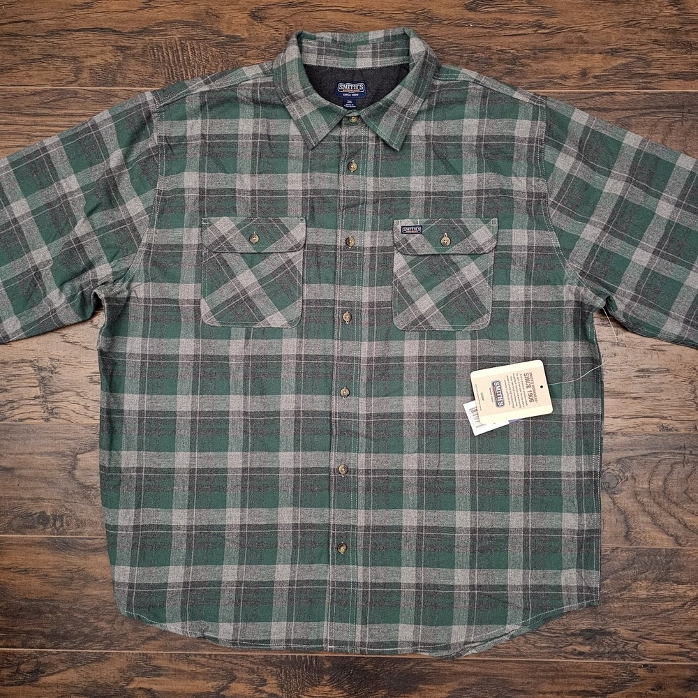 Smith's Workwear Mens 3XL Green Gray Plaid Flannel Long Sleeve‎ Button Up Shirt